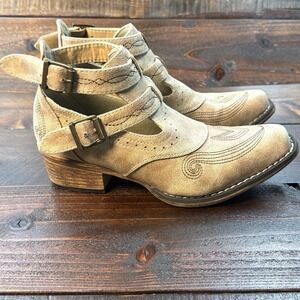 Roper Women's 6.5 Vintage Beige Faux Leather Willa Ankle Boots‎ Buckled Western